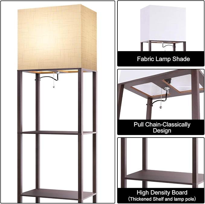 RUNTOP Plus - Floor Lamp with Shelves, Wide Shelf Lamp, Shelf Floor Lamp with 15W LED Bulb, 3 Colors Temperature, Memory Function, Large Display Storage, Standing Lamps for Living Room, Bedroom, Wood