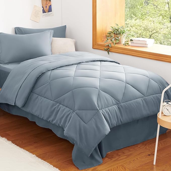 Twin Comforter Set with Sheets Dusty Blue - 5 Pieces Bed in a Bag | OEKO-TEX Certified, All Season, Teen, Single, Dorm, 240GSM Down-Alternative Comforter, Sheets, Pillowcase & Sham, Easy Care