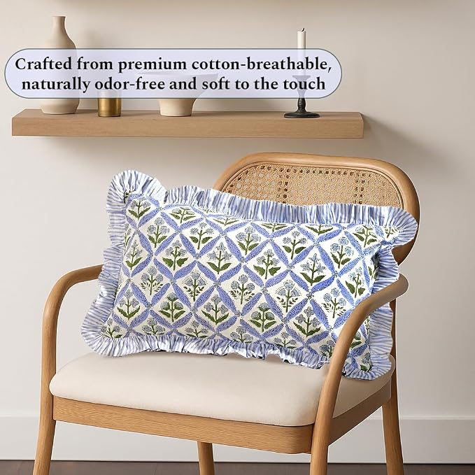 Ridhi Block Print Light Steel Blue Ruffle Lumbar Pillow Shams, 20" x 12" | 100% cotton, Floral Pillowcase, Cushion Cover, Hidden Zipper, Cottagecore Bedding, farmhouse boho style, fits couch, sofa,Bed