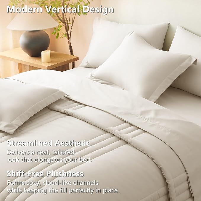 California King Comforter Set Beige- 7 Pieces Bed in a Bag | OEKO-TEX Certified, 240GSM Down-Alternative Comforter, 14" Deep-Pocket Sheets, Shams & Pillowcases, Lightweight