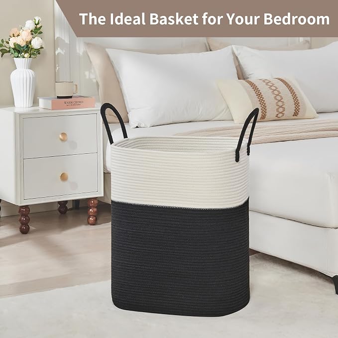 AINUOQI Laundry Basket with Handles - Blanket Basket & Hampers for Bedroom Aesthetic, Laundry Hamper & Blanket Storage for Living Room, Clothes Hamper, Tall, Large 17" x 14" x 25”, White & Black