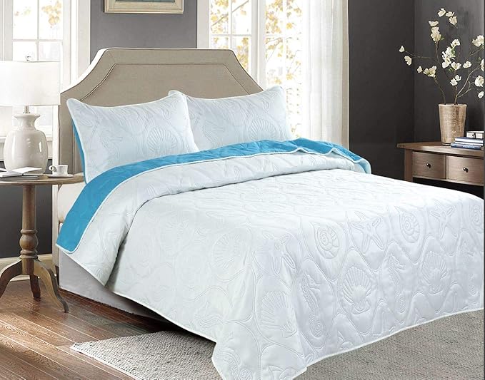 Legacy Decor 3 PCS Shell & Seahorse Reversible All Season Bedspread Quilt Coverlet Oversize, Blue Color, Queen Size
