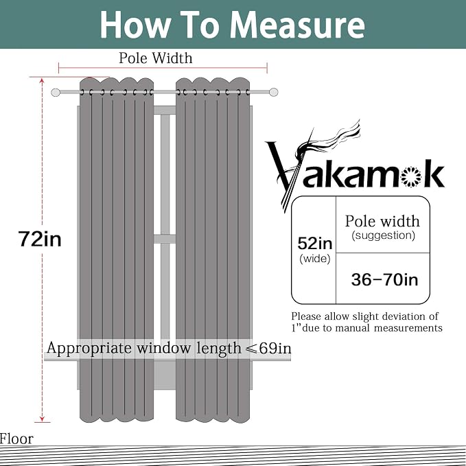 Yakamok Dark Grey 100% Blackout Curtains 72 Inches Long 52" Wide 2 Panels | Blackout Curtain Panels for Bedroom, 2 Thick Layers Grommet Top Thermal Insulated Drapes with Black Liner for Living Room