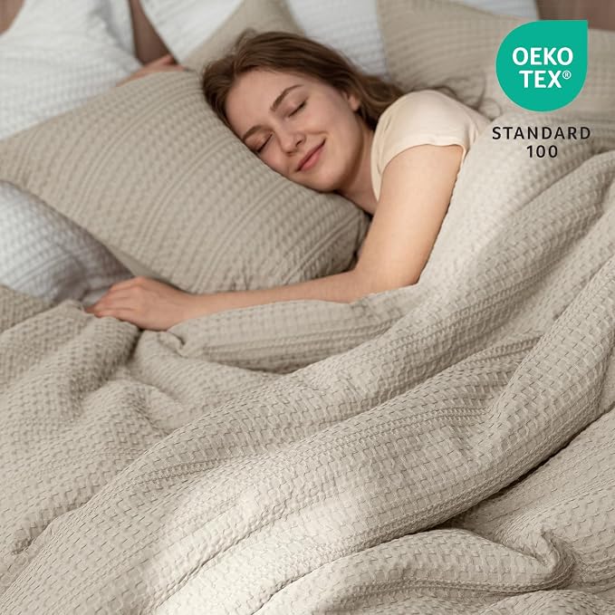 PHF Soft Waffle Duvet Cover King Size- Durable Breathable Waffle Weave Duvet Cover(104"x90") with 2 Pillow Shams, 3 Pieces Luxury Textured Bedding Set for All Season, Natural