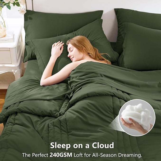Queen Comforter Set Olive Green - 7 Pieces Bed in a Bag | OEKO-TEX Certified, 240GSM Down-Alternative Comforter, 14" Deep-Pocket Sheets, Shams & Pillowcases, Lightweight