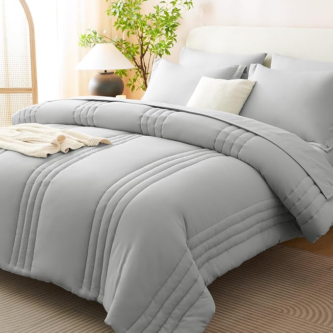 King Size Comforter Set Light Grey- 7 Pieces Bed in a Bag | OEKO-TEX Certified, 240GSM Down-Alternative Comforter, 14" Deep-Pocket Sheets, Shams & Pillowcases, Lightweight