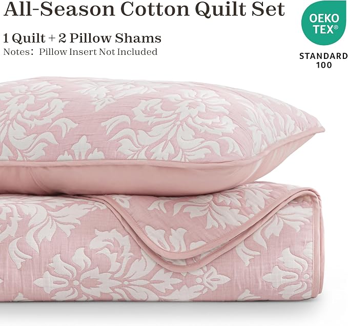 Exclusivo Mezcla Cotton Quilts Queen Size Pink | Soft Lightweight Bedspread, Breathable Prewashed Yarn Dyed Muslin, All Season Bedding Set, Boho Coverlet With 2 Pillow Shams