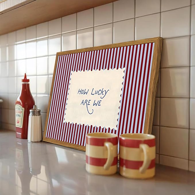 Framed How Lucky Are We Wall Art, Trendy Positive Affirmation Quotes Canvas Wall Decor Paintings, Red Striped Pictures Prints Preppy Home Decor for Living Room Bedroom Dorm 12x16 inch