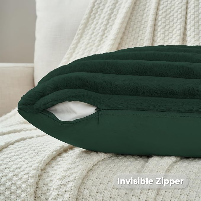 FUTEI Pack of 2 Faux Fur Throw Pillow Covers 24x24 Inch, Dark Green | Fluffy Faux Rabbit Fur Front/Premium Velvet Back,Hidden Zipper,Machine Washable,Non-Shedding,Colorfast,Insert Not Included.