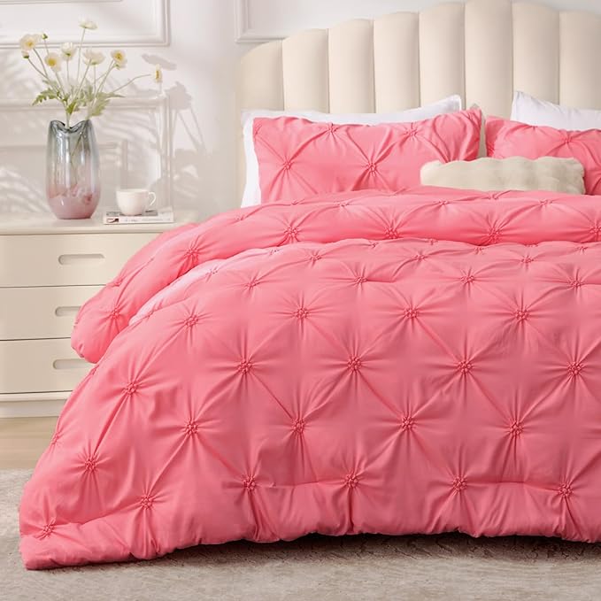 BEDELITE Queen Comforter Set Strawberry Pink,Lightweight & Soft Comforter | Pintuck Boho Bedding, Warm & Cute Bed Set for All Season,With 2 Pillowcases