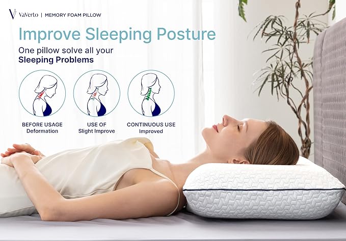 Vaverto Memory Foam Pillows Queen - Firm Pillow - Queen Size 1-Pack | Memory foam pillow -Back stomach & side sleepers -Shoulder & back pain relief - Cooling pillow washable bamboo viscose cover