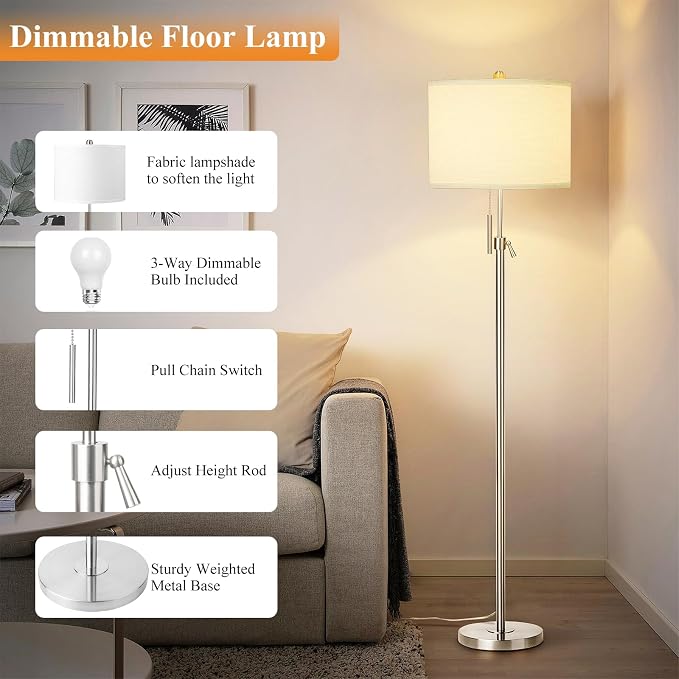 Qingmiao Brushed Nickel Floor Lamps for Living Room, 55"-67" Height Adjustable Modern Tall Lamp, 3-Way Dimmable Standing Lamp for Bedroom Office Reading Corner Home Decor, New House Warming Gifts
