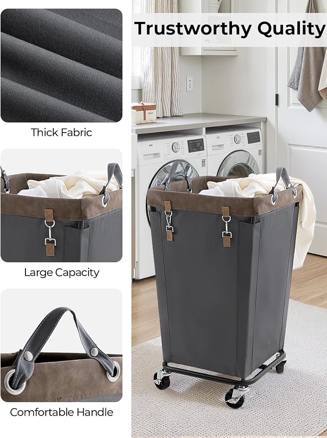 StorageWorks 160L Laundry Basket with Wheels, Rolling Hampers for Clothing | Grey Laundry Basket with Wheels, Metal Frame & Handles, Rolling Hamper for Bedroom, Bathroom, Dorm, Hotel