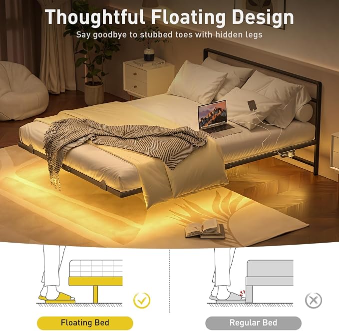 Full Floating Bed Frame with Headboard, Modern Platform Bed Frame with LED Lights and USB Charging Station, Sturdy Metal Bed Frame for Adults, No Box Spring Needed, Easy Assembly, Noise Free Design