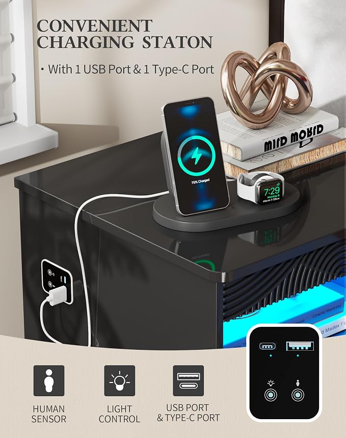 FREDEES LED Nightstand Set 2 with Gun Drawer & Charging Station | 3-Color Lights & Human Body Sensor, Smart Charger Station, 2 DrawersHidden Storage, End Table Bedroom Livingroom