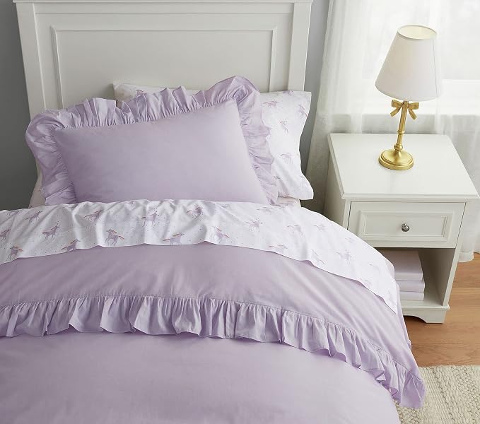 Brandream Kid's Duvet Cover Twin/Twin XL Size 100% Cotton 2pcs Girl Bedding Duvet Cover Shams Set, Delicate Ruffle Fringe Solid Color Soft and Breathable (Purple)
