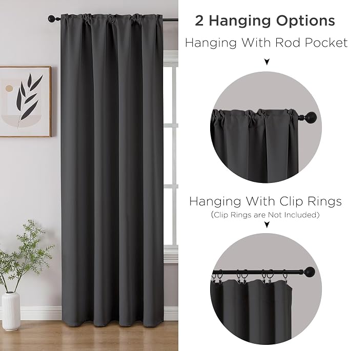 CUCRAF Dark Grey Blackout Curtains 63 inch Length 2 Panels Set, Rod Pocket Room Darkening Drapes for Bedroom Living Room, Insulated Thermal Light Blocking Window Curtain (W52 x L63 Inch)
