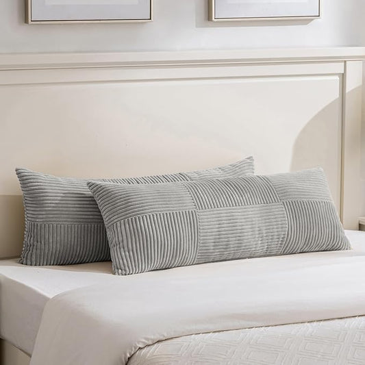 Fancy Homi Set of 2 Grey Boho Long Lumbar Body Decorative Throw Pillow Cover 14x36 Inch for Bed Couch Bedroom Bench, Soft Patchwork Corduroy Textured Pillow Case, Rustic Farmhouse Room Décor