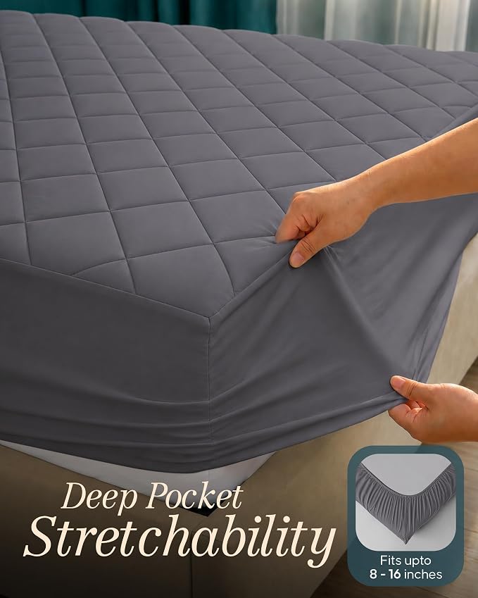 Quilted Mattress Pad, Twin Mattress Protector Topper fits 16" Deep, Grey | Soft Breathable Fitted Mattress Cover, Noiseless, Deep Pockets & Machine Washable for Home & Hotels by Utopia Bedding