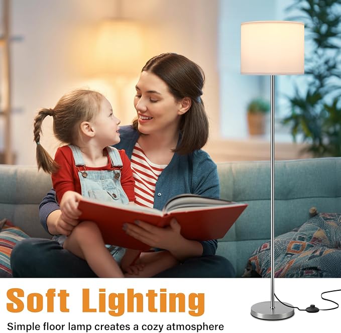 60'' Modern Floor Lamp with Shade, Tall Lamps for Living Room, Bedroom, Office, Dining Room, White Shade with Silver Pole(Without Bulb)