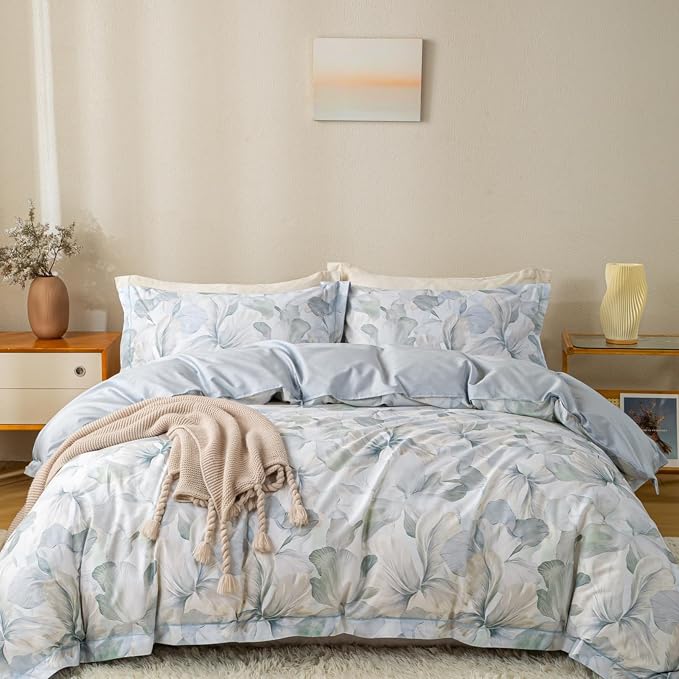 OAITE King Floral Pattern Duvet Cover Set Unique Design 3pcs 100% Cotton | Exquisite Stitched Hem, Breathable,Soft,Dual Zipper,8 Corner Ties,Easy Care for All Season