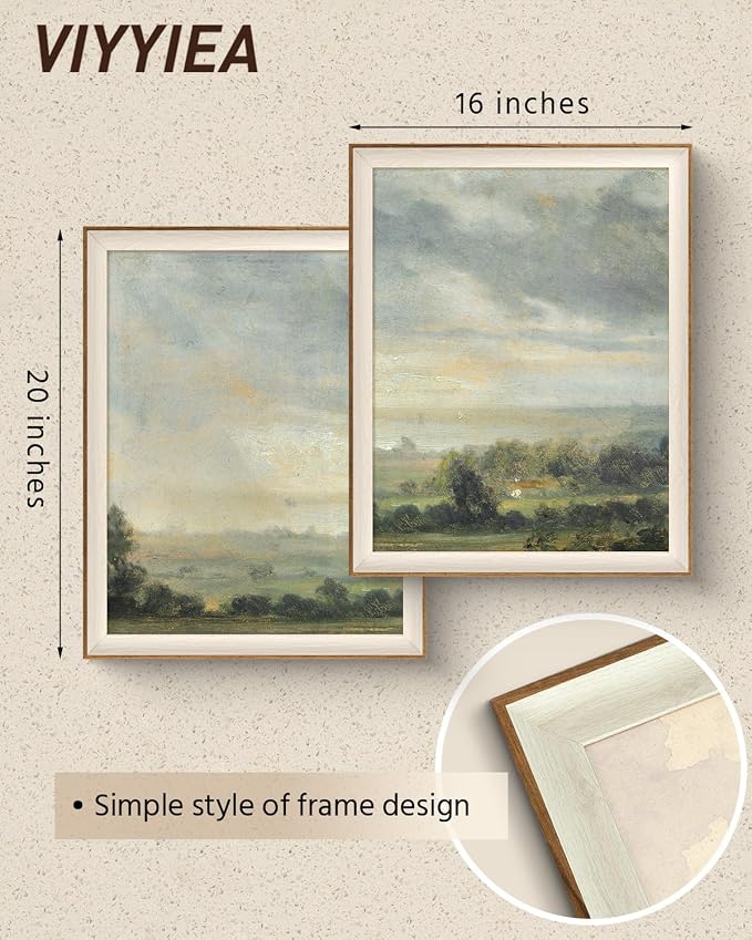 VIYYIEA Framed Vintage Landscape Wall Art Set of 2, Rustic Pastoral Countryside Canvas Painting Print, Moody Impressionist Decor for Living Room Bedroom, 16x20 Inch