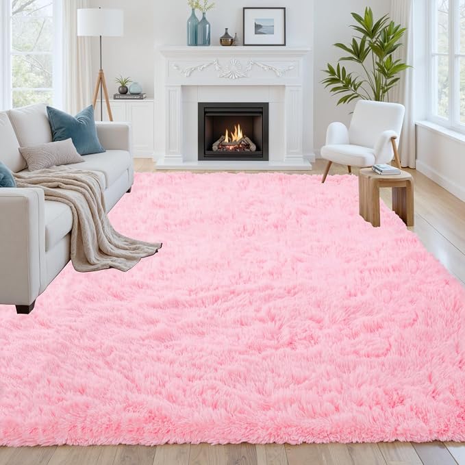 8x10 Fluffy Shag Area Rugs for Living Room Bedroom: Soft Carpet Light Pink | Upgraded Non-Slip Thick Memory Foam, Ultra Soft, Non-Shedding Fuzzy Carpet, Easy Clean Decor for Kids Room, Nursery, Playroom