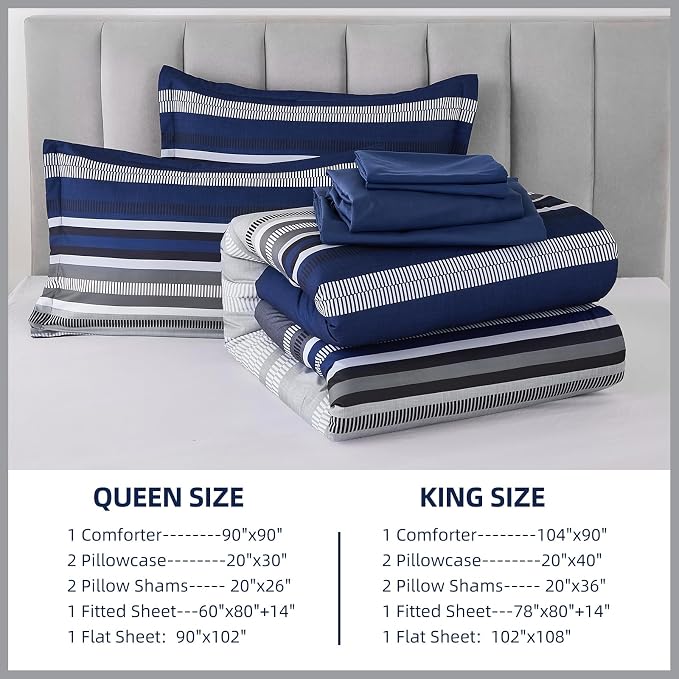 Dobuyly Navy Blue King Size Comforter Set 7 Pieces, Boho Striped Bed in a Bag Soft Microfiber All Season Bedding Set with Comforter, Sheets, Pillowcases & Shams