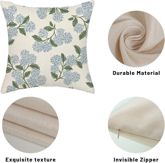 Spring Pillow Covers 22x22 Inch 2 Pcs Navy Blue Sage Green Hydrangea Flower Decor Throw Pillows Vintage Floral Seasonal Summer Outdoor Decoration Pillowcase Linen Cushion Cover for Couch Sofa