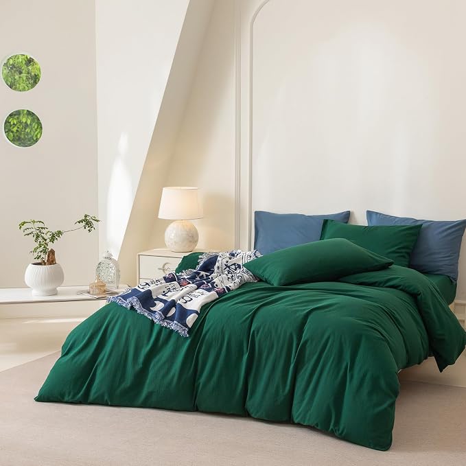 BDEAR 3Pcs Forest Green Duvet Cover Set Queen Size 90" L x 90" W, Oeko TEX | 100% Washed Cotton, 1 Duvet Cover with 2 Pillowcases, Zipper Closure, 8 Corner Ties,Linen-Liked Texture, Skin Friendly