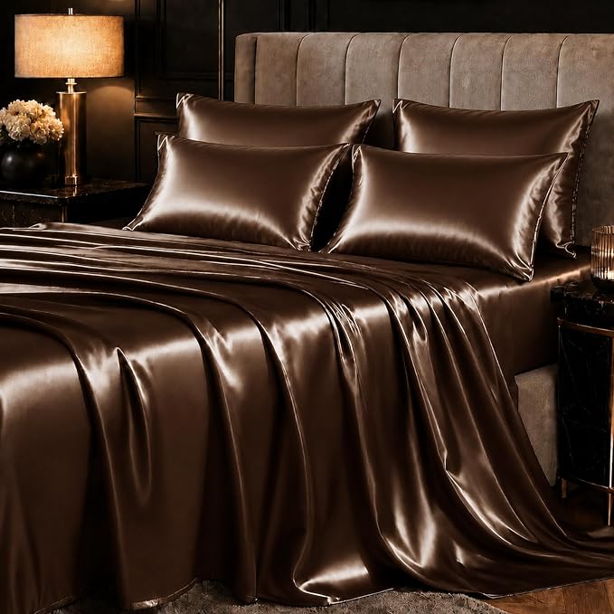 CozyLux Satin Sheets Full, 6-Piece 14-Inch Deep Pocket Sheet Set | OEKO-TEX Certified Silky Soft Sheet Set for Hair & Skin, Luxurious Silky-Smooth Satin for Elegant Bedroom Decor, Brown