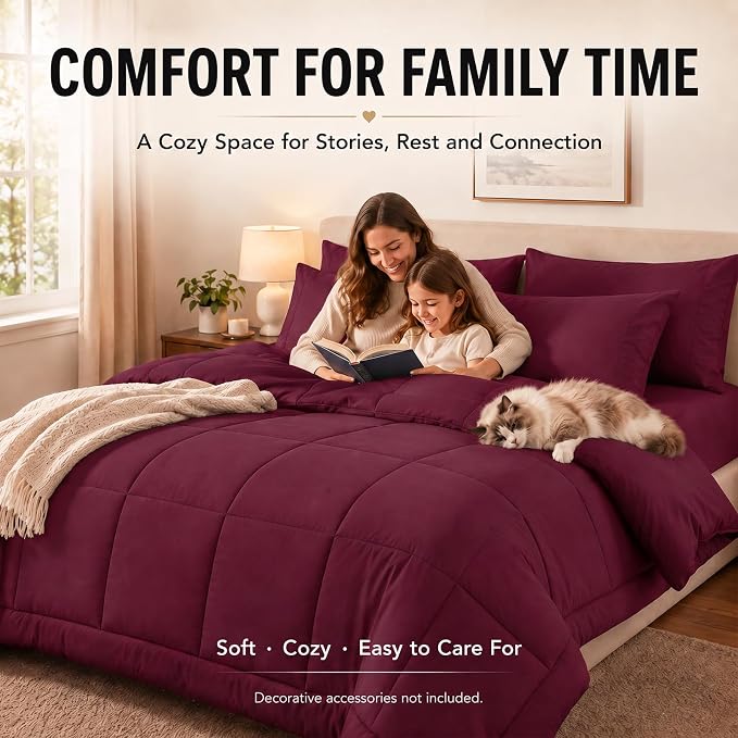 Full Size Comforter Sets Burgundy - 7 Pieces Bed in a Bag | OEKO-TEX Certified, All-Season, Bedroom, Guest Room, Down-Alternative Comforter + Flat & Fitted Sheets + 4 Pillowcases