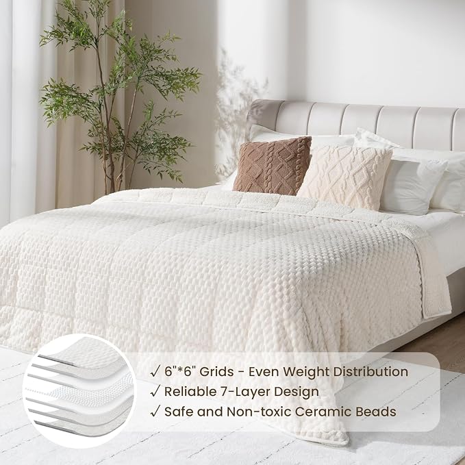 Drewin Weighted Blanket Queen Size 15lbs for Adults,Cream White,60" x 80" | Stress Relief & Better Sleep,Soft Jacquard Sherpa with Glass Beads,Machine Washable,Great for Napping,Relaxing,Reading