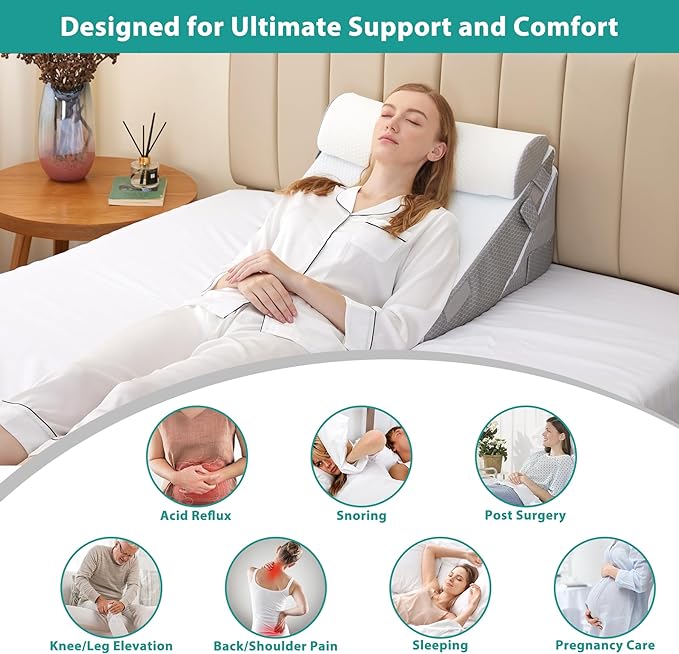 Wedge Pillow Set for After Surgery, Orthopedic Bed Wedge White/Grey | Adjustable 9&12 Inch, Bed Wedge Pillow For Headboard, Acid Reflux&Back Pain Relief, Sleeping&Sitting Up, Neck&Lumber Support