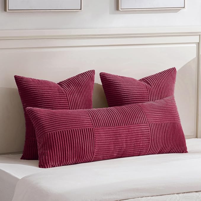 Fancy Homi Set of 2 Burgundy Boho Long Lumbar Body Decorative Throw Pillow Cover 14x36 Inch for Bed Couch Bedroom Bench, Soft Patchwork Corduroy Textured Pillow Case, Rustic Farmhouse Room Décor