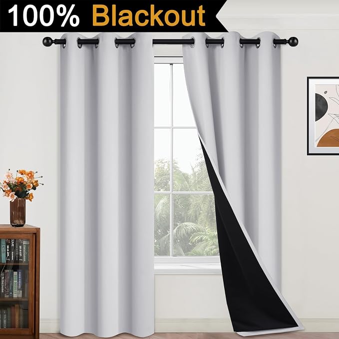 Yakamok Greyish White 100% Blackout Curtains 84 Inches Long, 2 Thick Layers | Blackout Curtains for Bedroom/Living Romm Full Light Blocking Soft Thermal Insulated Drapes for Bedroom 42" Wide Each Panel