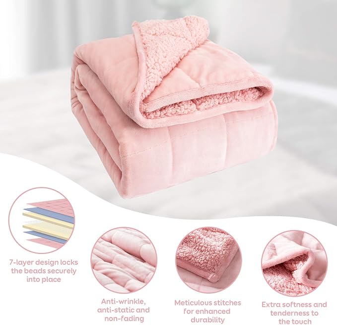Cottonblue Fleece Weighted Blanket 15lbs for Adults Twin Size 48x72in Soft | Cozy Warm Sherpa Flannel Pink Weighted Blankets Throw for Sleep Calm Relax, Fuzzy Faux Fur Heavy Blanket for Bed Couch Sofa