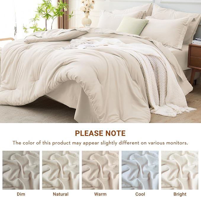5 Pieces Twin Comforter Set, Soft Bed in a Bag Twin Size, All Season Bedding Set with Comforter, Flat Sheet, Fitted Sheet, Pillowcases & Shams, Beige