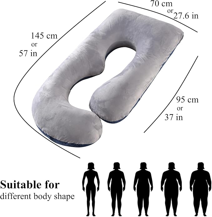ALLOPERA Pregnancy Pillow, Full Body Maternity Pillow 57 inch, with Removable Washable Cover - Sleep Support for Legs, Back, Neck, Shoulder, HIPS, Belly, Velvet Cover-Grey-Dark Blue