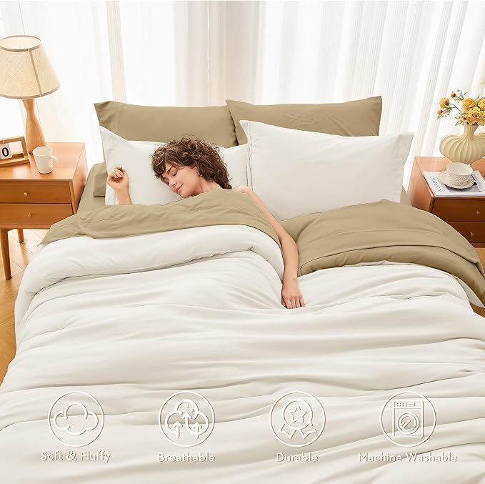 7 Pieces Queen Comforter Set, Soft Bed in a Bag Queen Size, All Season Bedding Set with Comforter, Flat Sheet, Fitted Sheet, Pillowcases & Shams, Ivory & Khaki