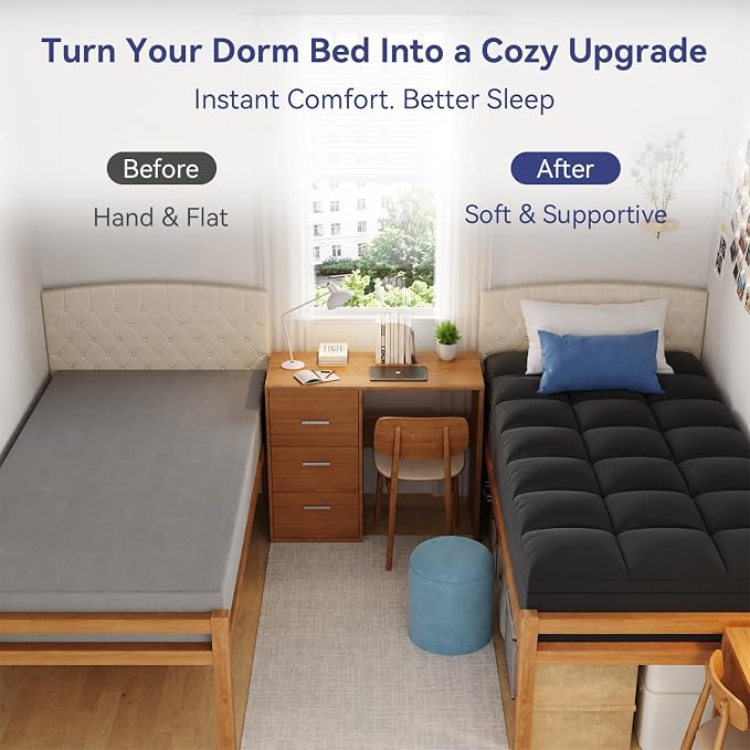 ELEMUSE Twin XL Black Mattress Topper for College Dorm, Thick Pillow Top | Extra long twin mattress pad with deep pocket, plush college dorm room essential for girls & guys, ideal for back to school