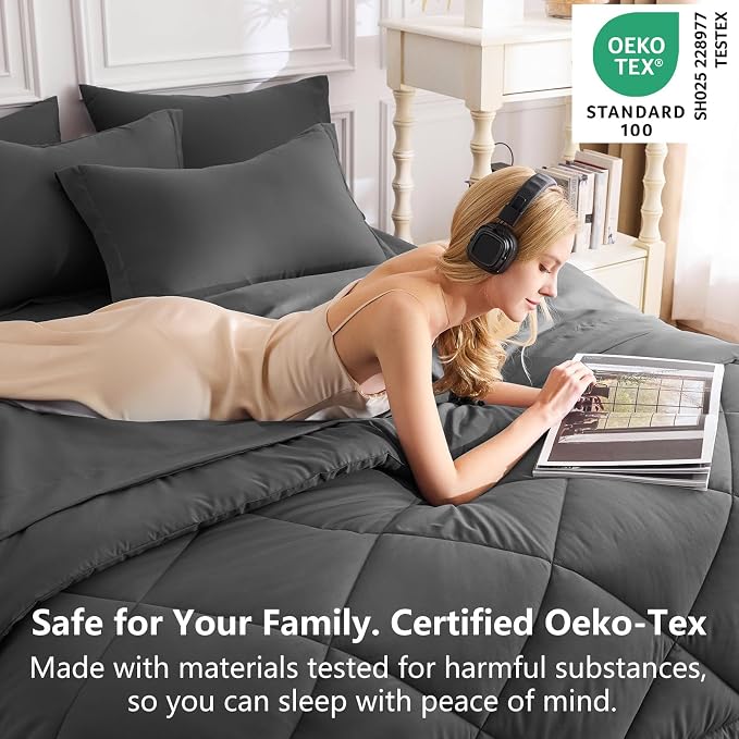 King Size Comforter Set Dark Grey - 7 Pieces Complete Bedding Set | OEKO-TEX Certified, All Season, 240GSM Down-Alternative Comforter, Sheets, Pillowcases & Shams, 14" Deep Pocket, Easy Care