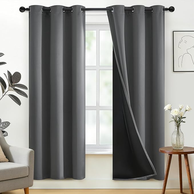 SimpleHome Grey 100% Blackout Curtains Room Darkening Living Room 72 Inch | Curtains for Bedroom,Thermal Insulated Grommet Window Drapes,Curtains for Living Room with Black Back,38 x 72 Inch,2 Panels