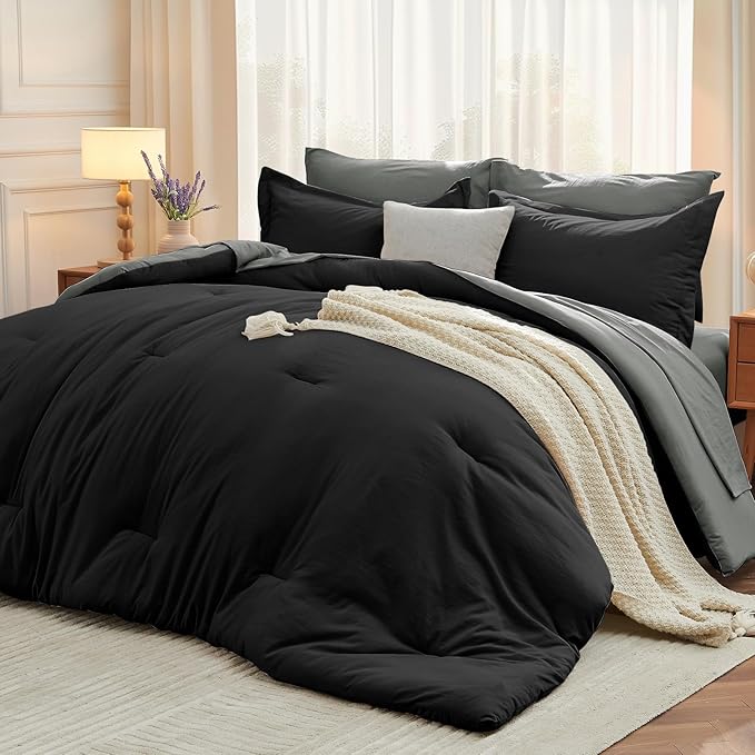 7 Pieces Queen Comforter Set, Soft Bed in a Bag Queen Size, All Season Bedding Set with Comforter, Flat Sheet, Fitted Sheet, Pillowcases & Shams, Black & Grey