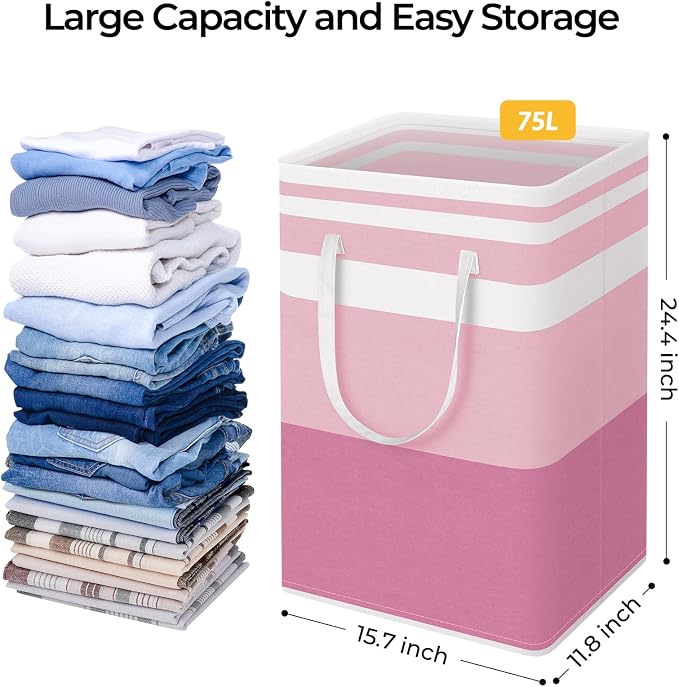 HomeHacks 2 Pack Laundry Baskets, Laundry Hampers Bags (Blue+Pink 75L) | Waterproof, Freestanding, Collapsible Clothes Hamper with Reinforced Handles in Laundry Room, Dorm, Bathroom, Bedroom