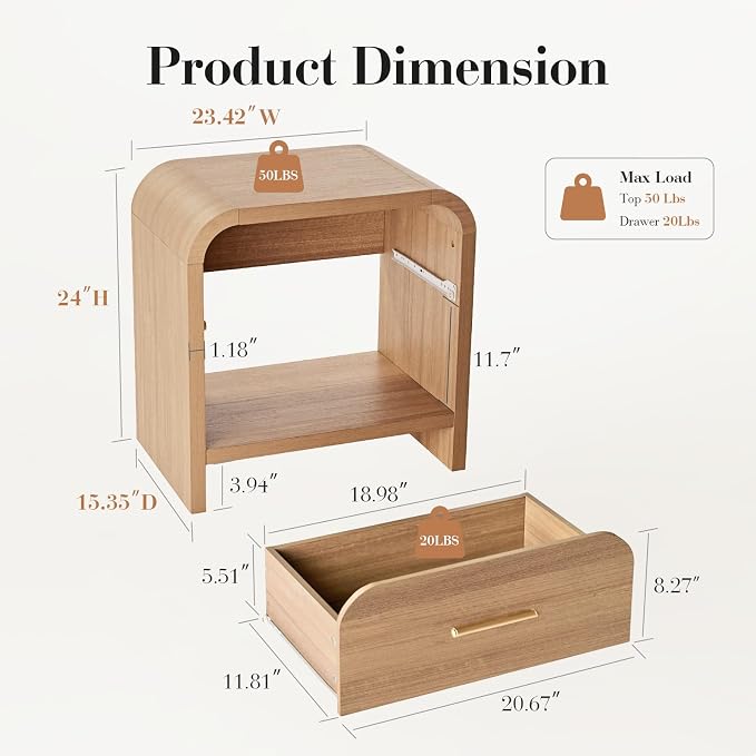 Night Stand, 1-Drawer and 1 Storage Shelf | [Curved Profile] [FSC-Certified Wooden Board] Nightstand 24" H Metal Handle Modern Bedside Table Side Table End Table