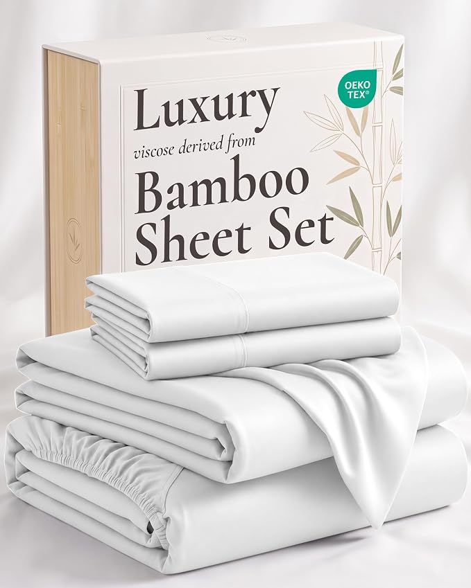 Hotel Sheets Direct 4 Piece Bed Sheet Set King Size, 100% Viscose Derived from Bamboo Sheets Set with 2 Pillowcases, Cooling & Breathable Luxury Bedding, Moisture-Wicking & Silky Soft Texture, White