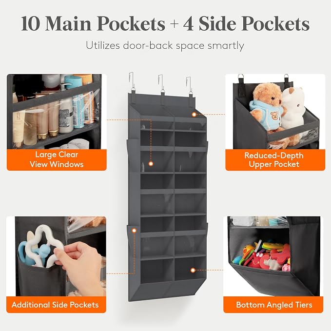 Lifewit 1 Pack Over the Door Organizer, 10 Section Clear Window Hanging Storage with 4 Side Pockets, Sturdy Anti Tilt 40 lbs Load Behind Door for Closet, Bedroom, Bathroom, Nursery, Dorm, Gray