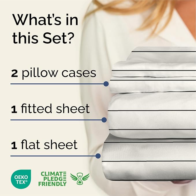 Queen 4 Piece Striped Sheet Set - Soft, Breathable & Cooling - Cream Stripe | 1 Flat, 1 Fitted & 2 Pillowcases w/ Deep Pockets, Luxury Striped Bedding, Soft, Breathable & Cooling, Wrinkle & Fade Free