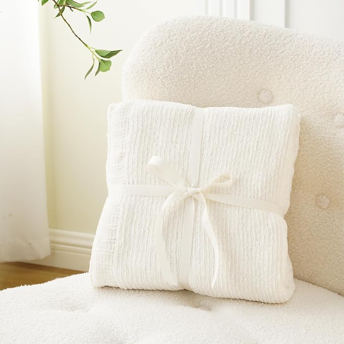 Chenille Throw Blanket for Couch, Knit Throw Blanket 51"x67", Ivory White | Shiny White Chenille Blanket, Neutral Throw Blanket, Soft Midweight Knitted Blanket for Sofa Bed Home Decor
